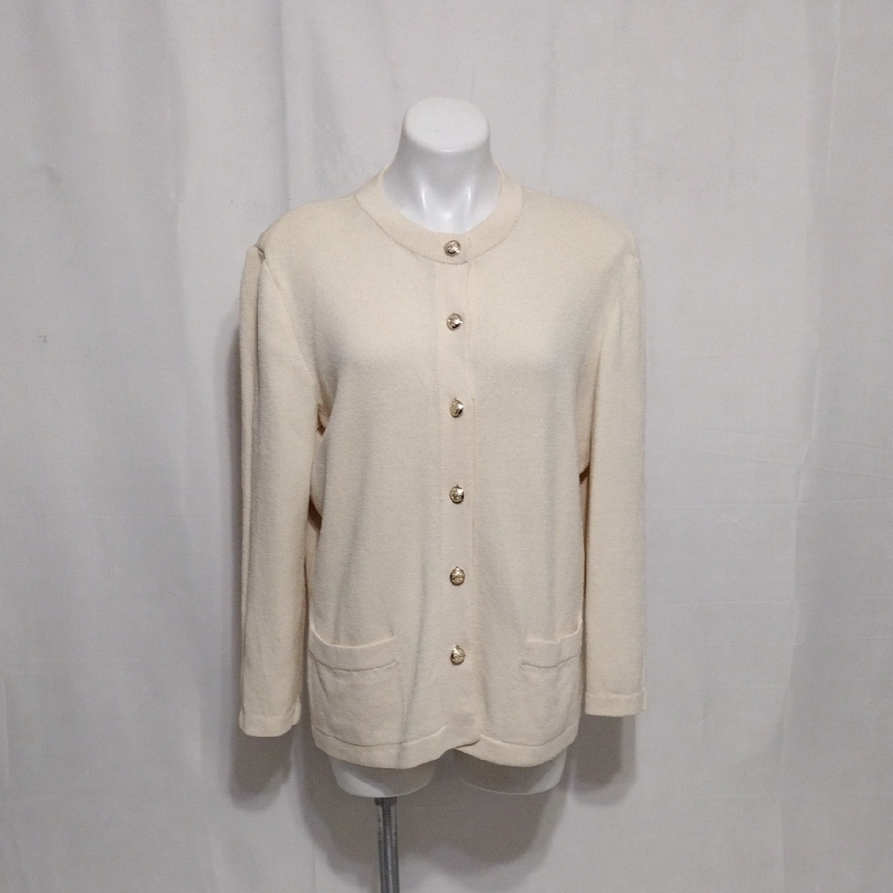Vintage St John Button Front Knitted Cardigan Sweater Large Classic Chic Outdoor